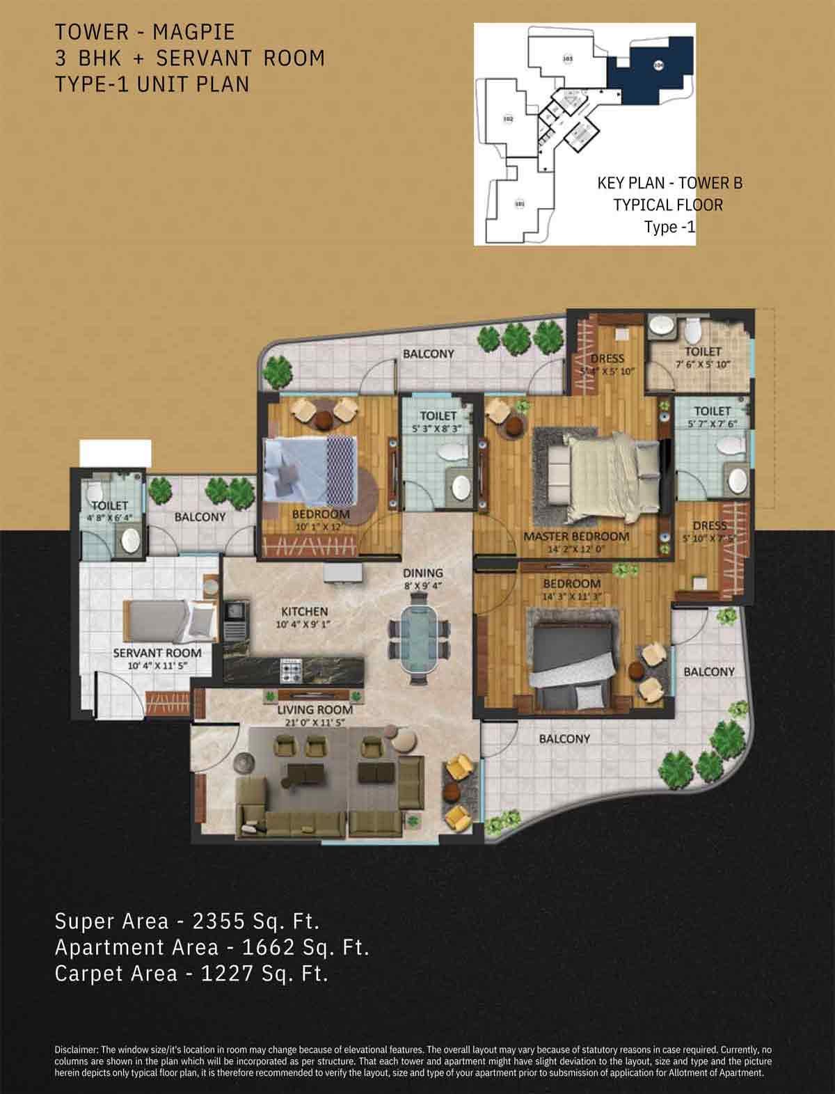 3 Bhk Tower Magpie Type - 1, Super Area - 2355 Sq.Ft