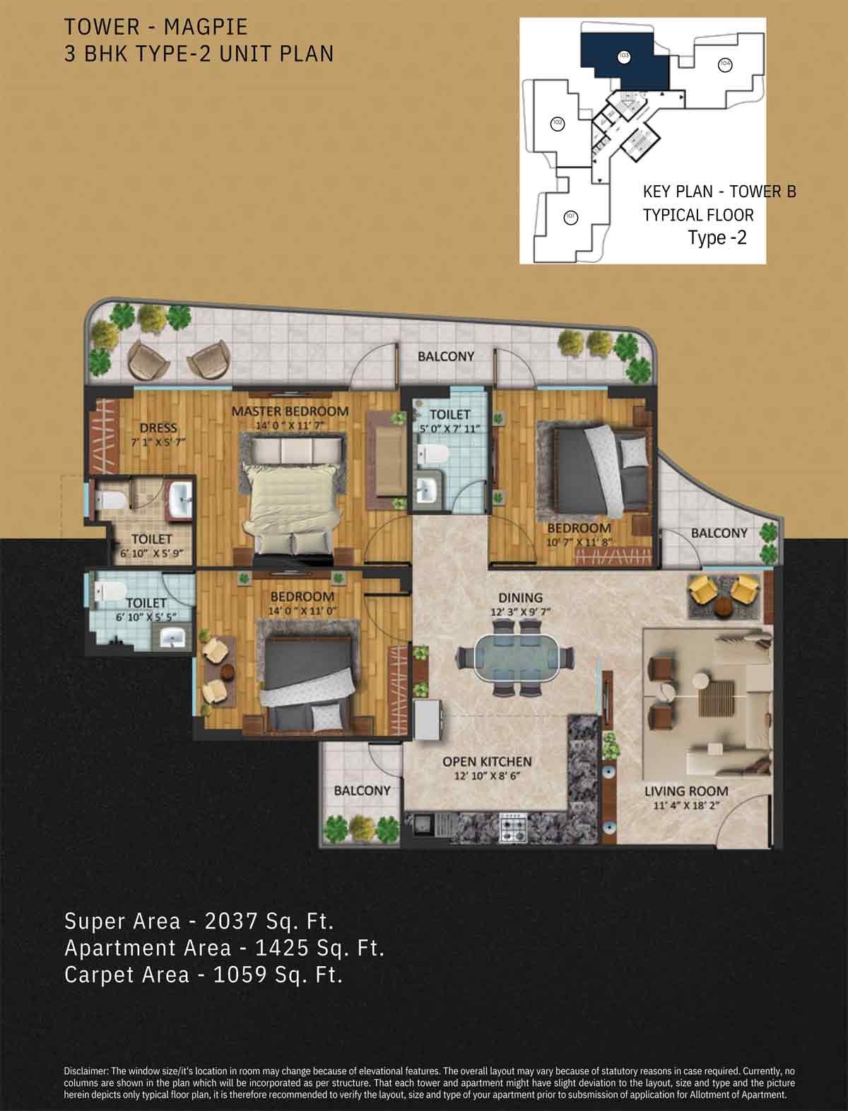 3 Bhk Tower Magpie Type - 2, Super Area - 2037 Sq.Ft