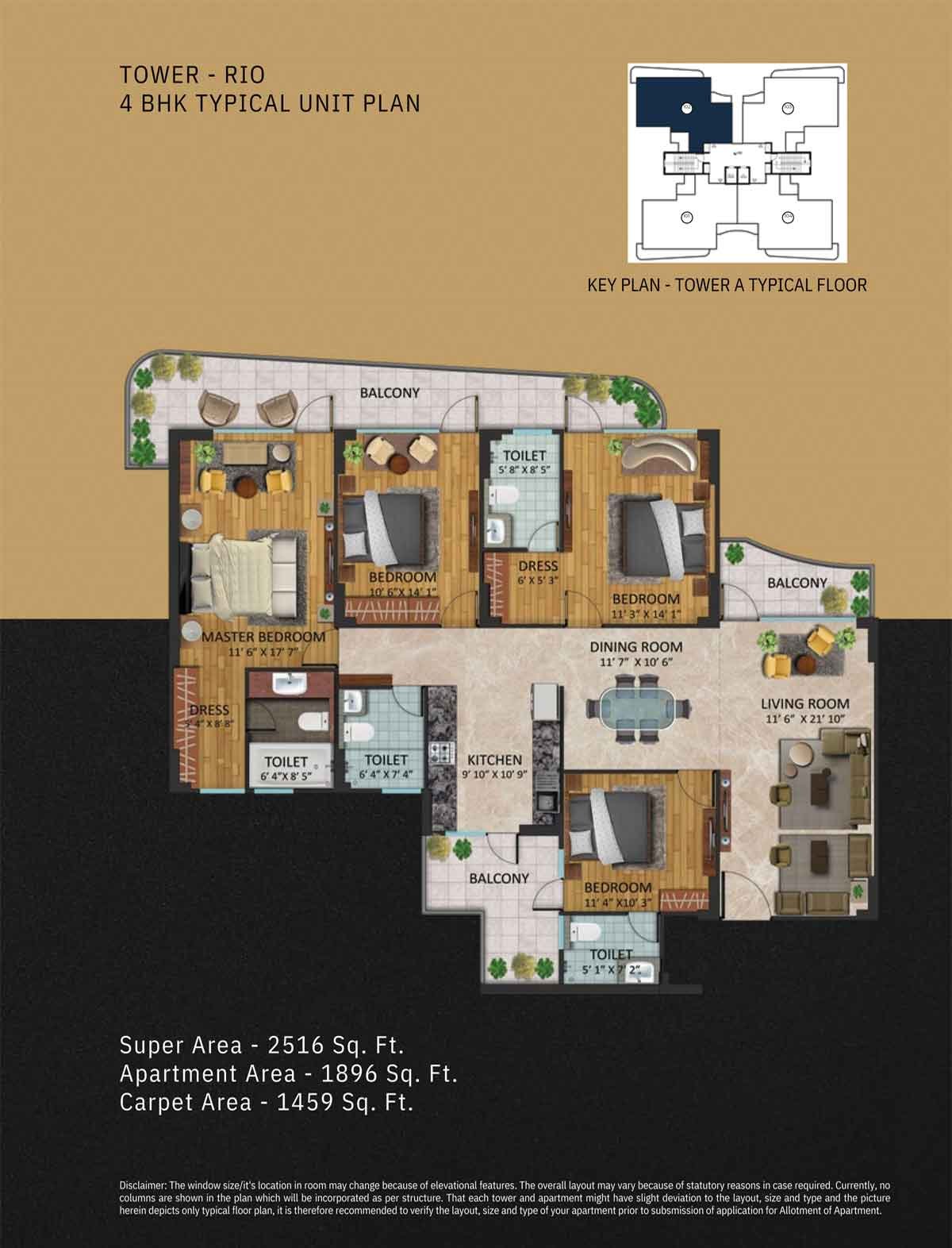 4 Bhk Tower Rio Typical Floor Plan, Super Area - 2516 Sq.Ft